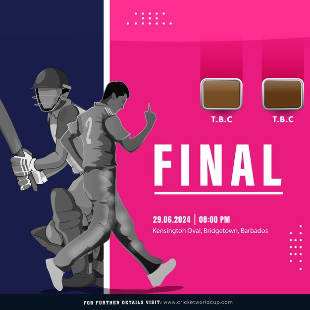 Vector t20 final cricket match based poster design met cricketer players character op roze en blauwe achtergrond