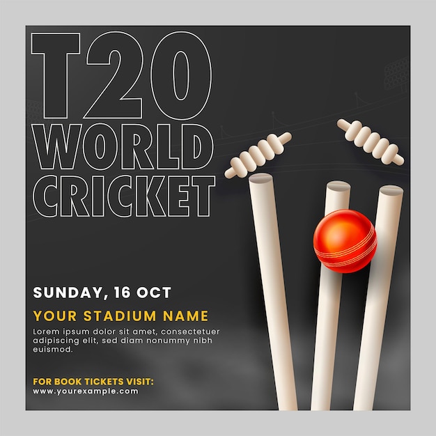 T20 world cricket match poster o modello di design con palla rossa realistica che colpisce il moncone wicket su sfondo nero