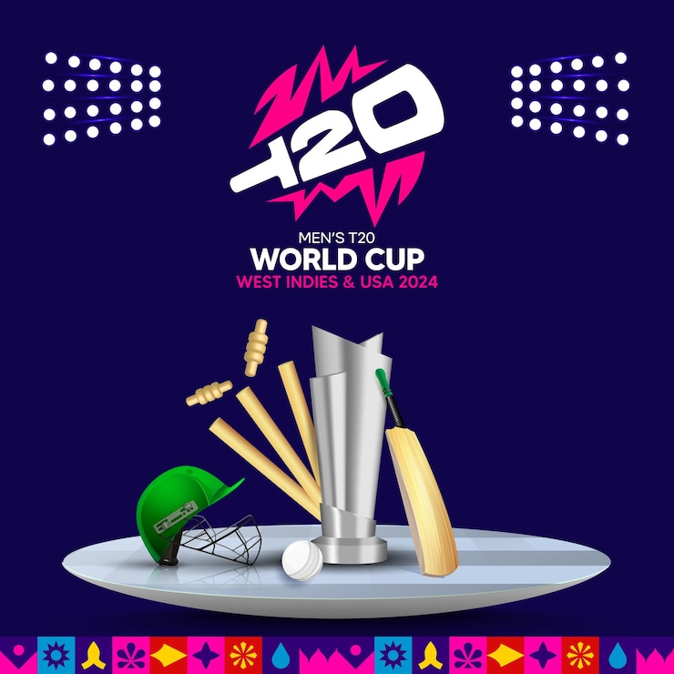 वेक्टर t20 world cup with theme trophy stadium light bat wicket ball trophy abstract background