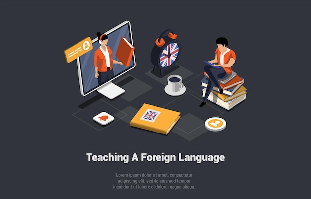 Vector taal leren app man vreemde taal leren in online school met coach op laptop karakter gebruik externe service voor taalleren kijken op laptopscherm isometrische 3d-vectorillustratie