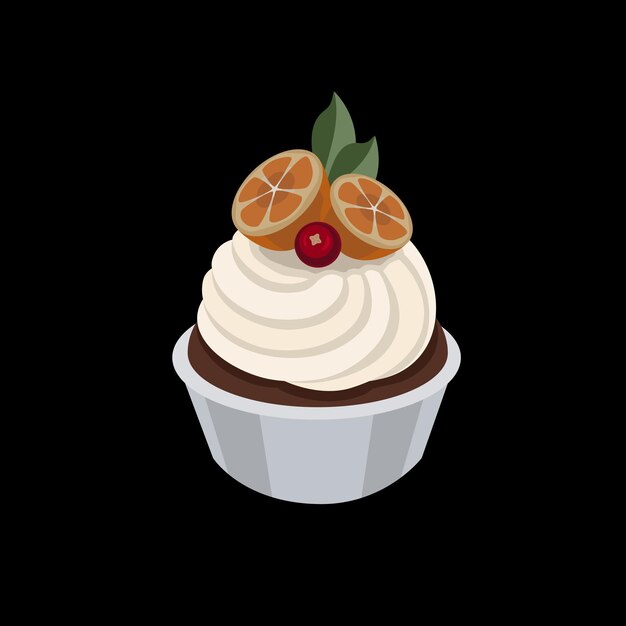 Vector taart cupcake met kleine sinaasappelen rode aalbessen crème zwarte achtergrond