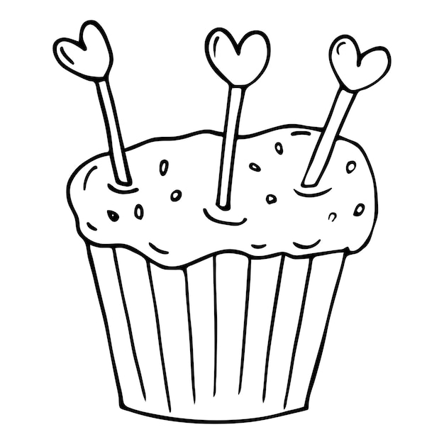 Taart met harten. Vectorkrabbelillustratie van een zoete cupcake. Valentijnsdag icoon