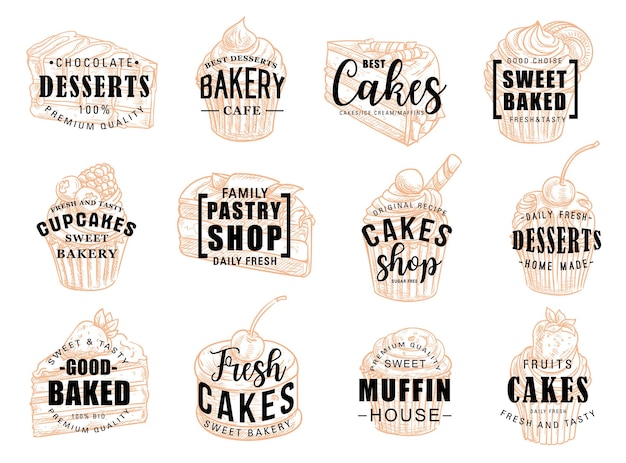 Vector taarten desserts en gebak snoep schets belettering