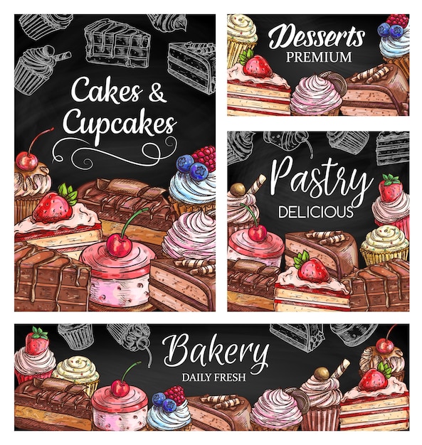 Vector taarten en cupcakes gebak desserts en bakkerij