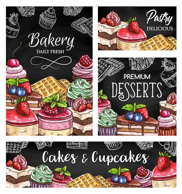 Vector taarten en cupcakes schetsposters