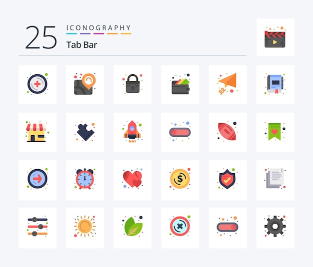 ชุดไอคอนสีแบน Tab Bar 25 รวมถึงการจัดการ หนังสือ ส่งอีเมลอย่างปลอดภัย