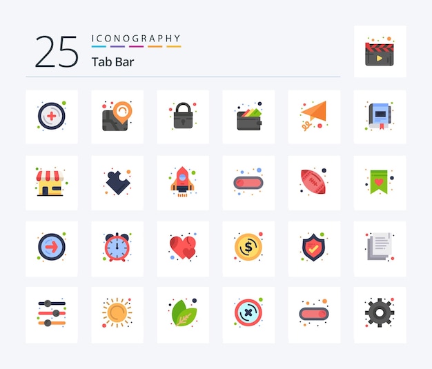 タブ バー 25 フラット カラー アイコン パック、管理ブックを含む安全なメール送信