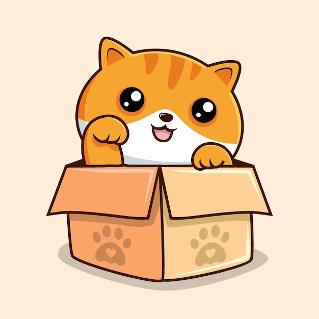 Tabby cat in the box cartoon white orange cats cute striped cat waving hand