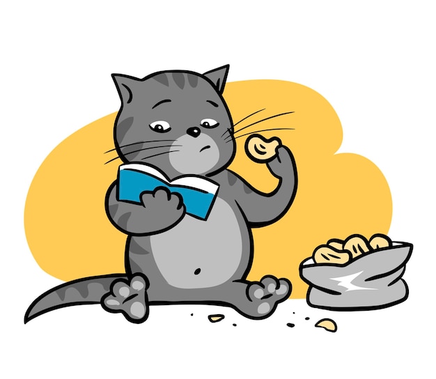 Tabby cat reads a book and eats chips