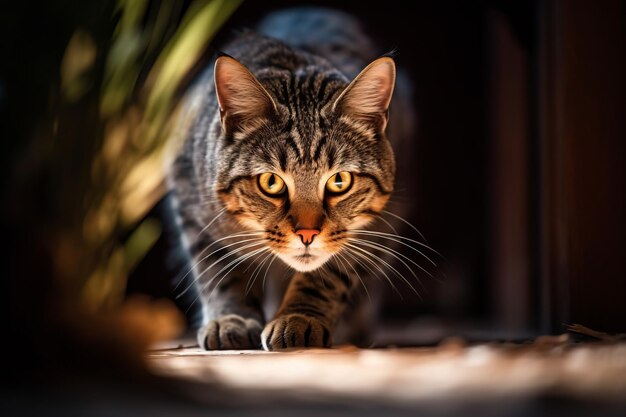 A tabby cat walking through a dark room