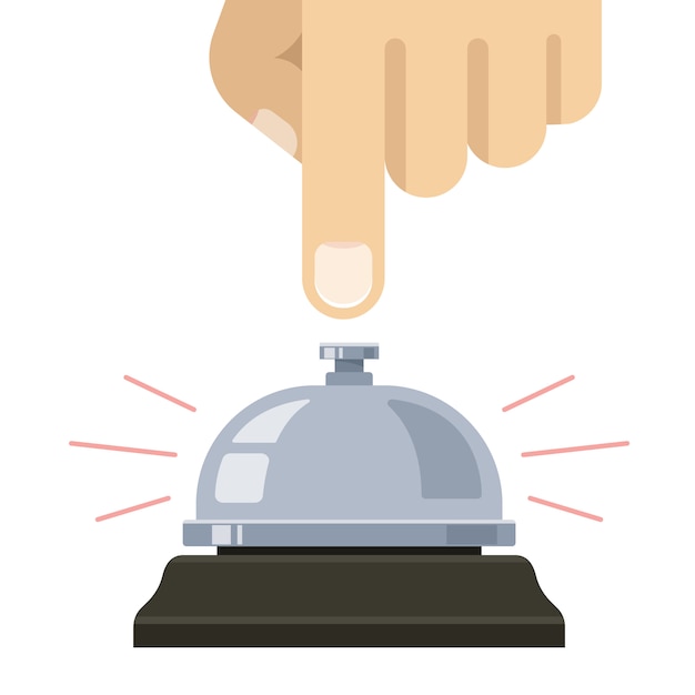 Table bell. hand presses the bell. call staff. flat vector illustration.