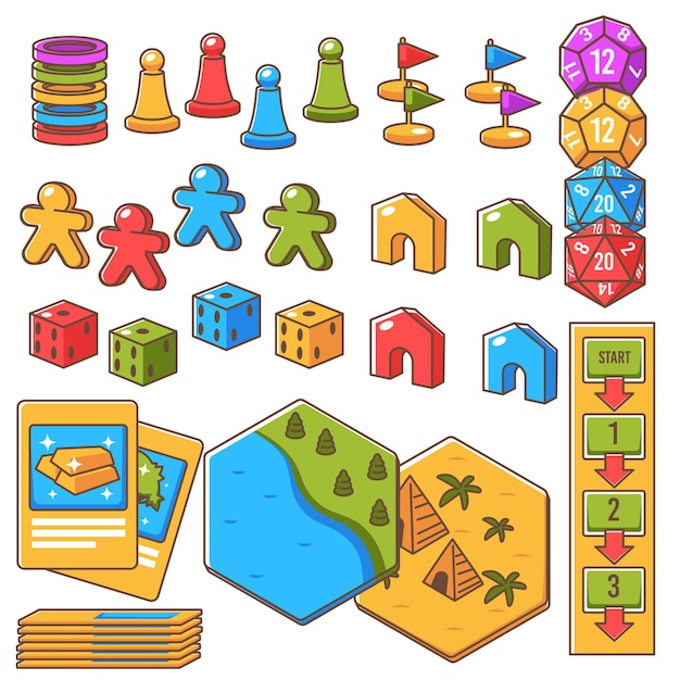 Vector table board game set, isolated icons of figurine, dices and cards with gold. locations showing pyramids and landscape with river and woods. playing as pastime, children rest. vector in flat style