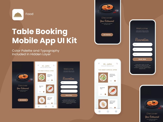 반응형 웹 사이트를 위한 로그인 가입 메뉴 및 예약된 테이블 세부 정보를 포함하는 테이블 예약 모바일 앱 Ui 키트