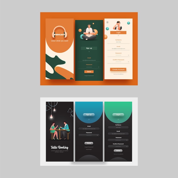 Schermate dell'interfaccia utente dell'app per dispositivi mobili per la prenotazione di tavoli e musica