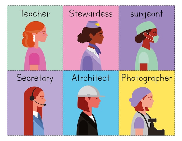 Vector table of characters with different female professions vector illustration