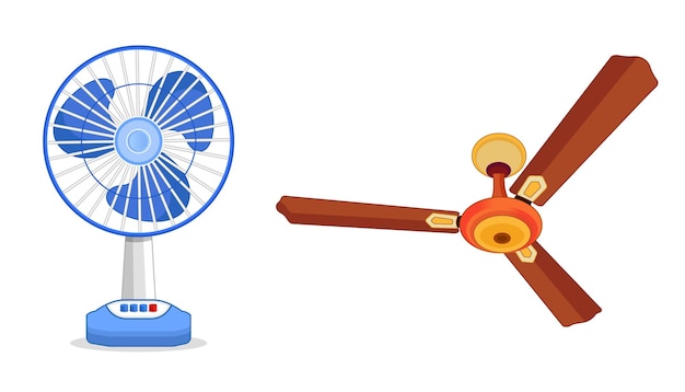 Table fan of blue color and ceiling fan of brown color