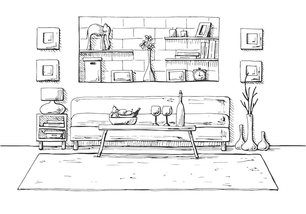 Vector a table in front of the sofa on the table a bottle and glasses a bedside table with a lamp there is a carpet on the floor brick wall with shelves vector illustration of a sketch style