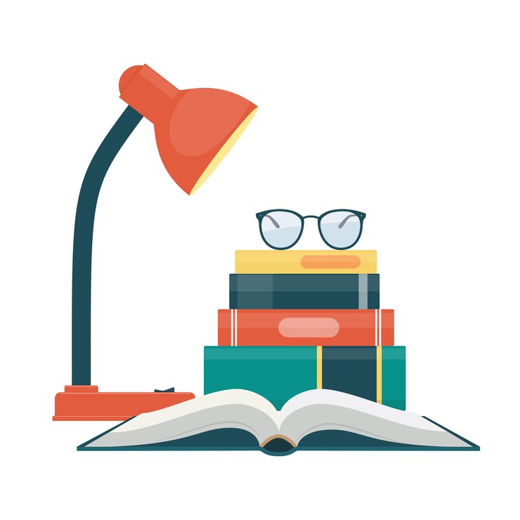 Vector table lamp different books glasses love reading concept vector illustration in flat style