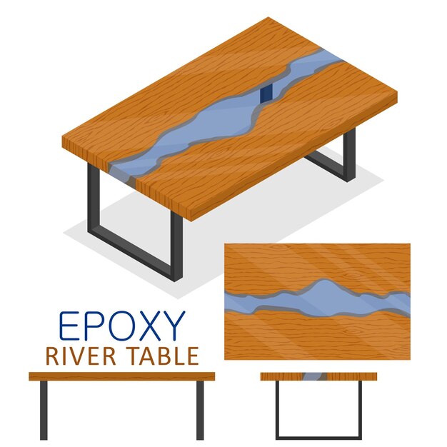 Vector table made of wood and transparent epoxy resin epoxy river table furniture loft design style