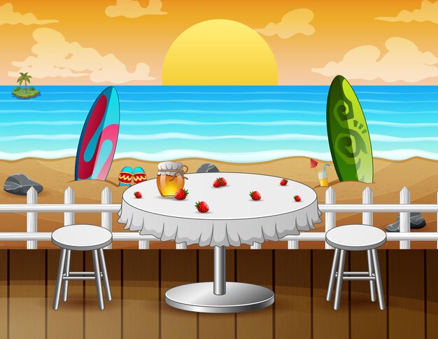 Столик на пляже для романтического свидания на фоне морского пейзажа