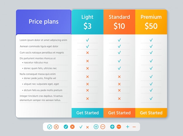 Table price chart.   illustration. comparison plan template.