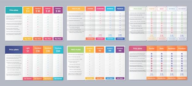 Vettore tabella comparativa dei prezzi impostata. modello di piano grafico.