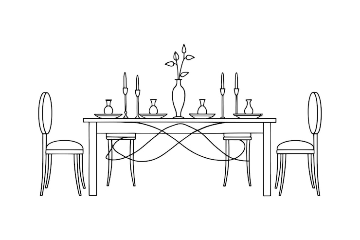 Vector table runner dining room furniture isolated continuous line art flat vector illustration on white background