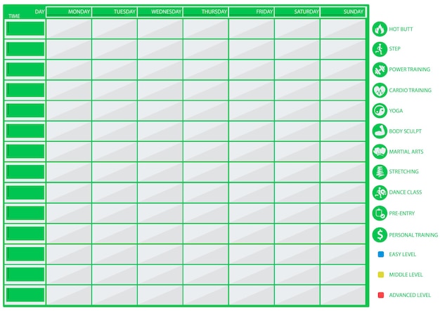 Vector a table for scheduling in fitness and sports clubs with icons for training and difficulty levels