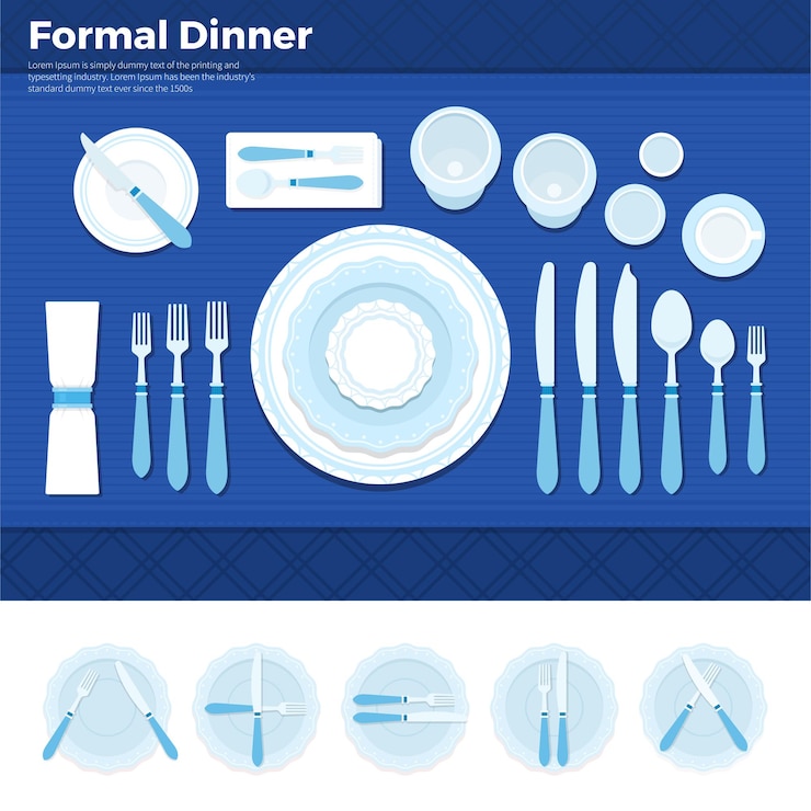 Vector table served with utensils for formal dinner plate with forks spoons and knives on blue cloth