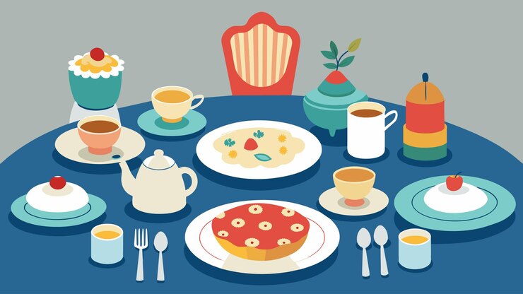 Vector a table set with mismatched vintage plates and lery celebrating the unique combination of