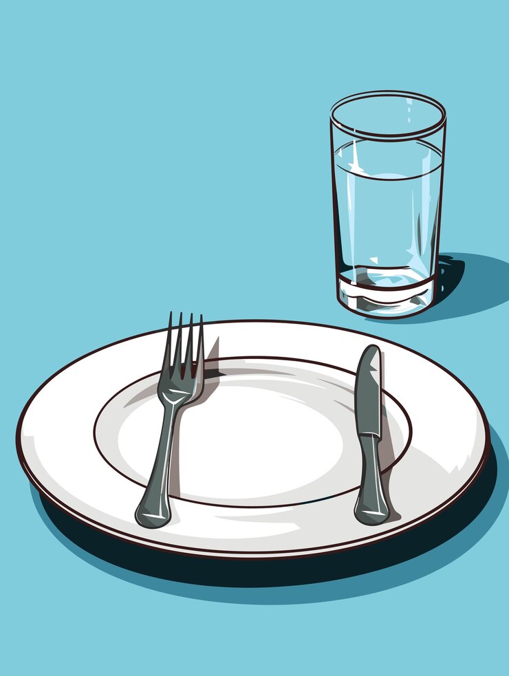 Vector table setting set fork knife empty plate glass of water cutlery catering vector illustration dinner etiquette
