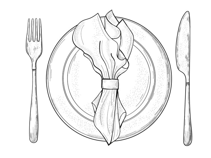 Vector table setting set fork knife spoon plate sketch set cutlery hand drawing collection catering