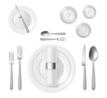 Premium Vector  Table setting top view realistic 3d silver cutlery and  white plates restaurant banquet service silverware positions full dinner  serving vector realistic isolated illustration