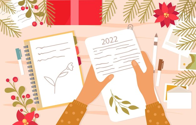 Vector table top view with hands holding sheets with new year goals written on christmas tree branches on