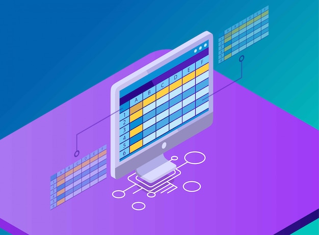 a Table with Columns in a Worksheet on a Computer Monitor Screen, Isometric Illustration