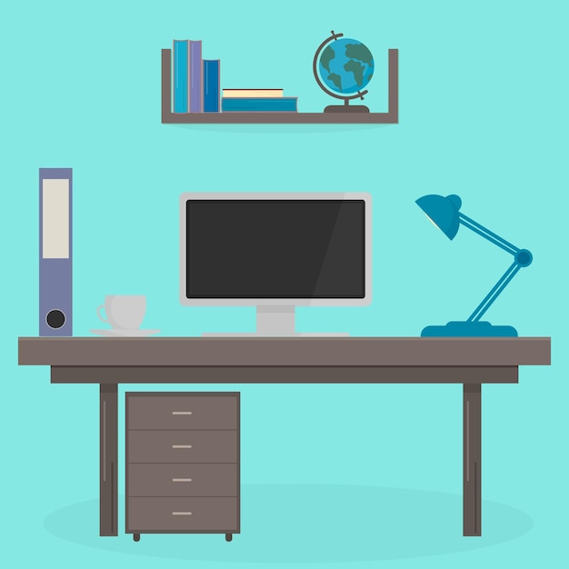 Table with computer lamp and cup Shelf with books and a globe on it Workplace of the student Room or office interior Education and learning concept Flat vector design template