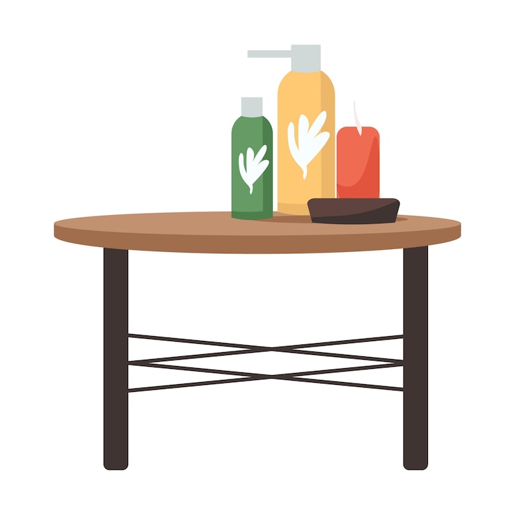 Vector table with cosmetic products and candle semi flat color vector object full sized item on white natural organic skin care goods simple cartoon style illustration for web graphic design and animation