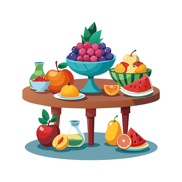 a table with fruits and a bowl of fruit on it