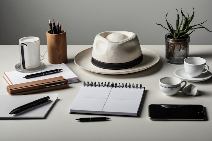 Vector a table with a hat a pen and a pen on it