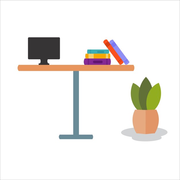 Table with laptop and books Flowers in a pot Vector