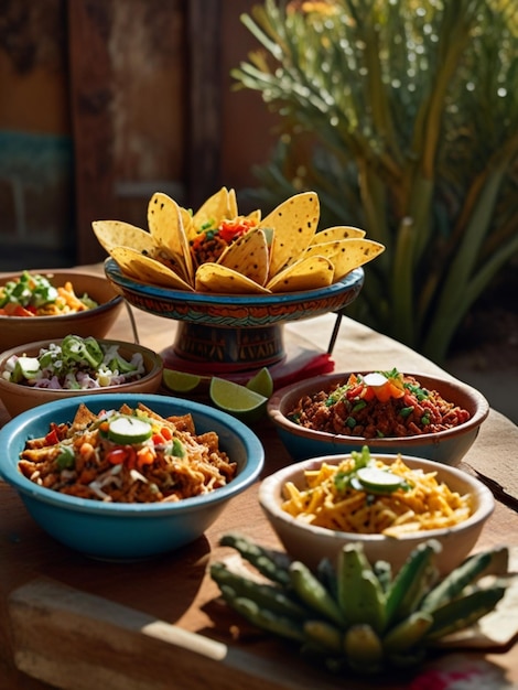 a table with many bowls of nacho chips and a variety of tortillas