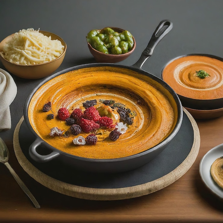 Vector a table with a pan of food and a bowl of raspberries