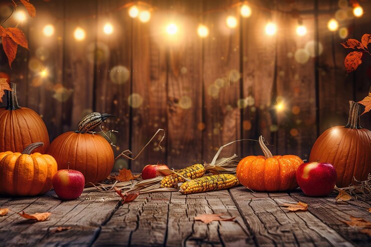 Vector a table with pumpkins apples and pumpkins on it