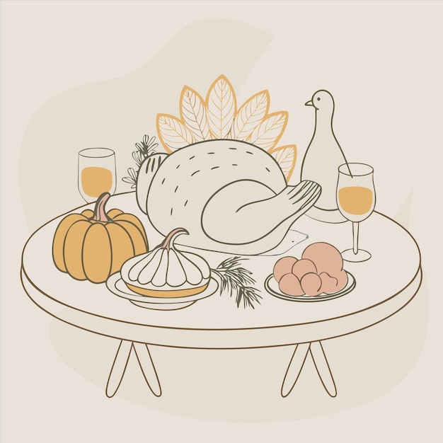 Vector a table with a turkey and a glass of wine
