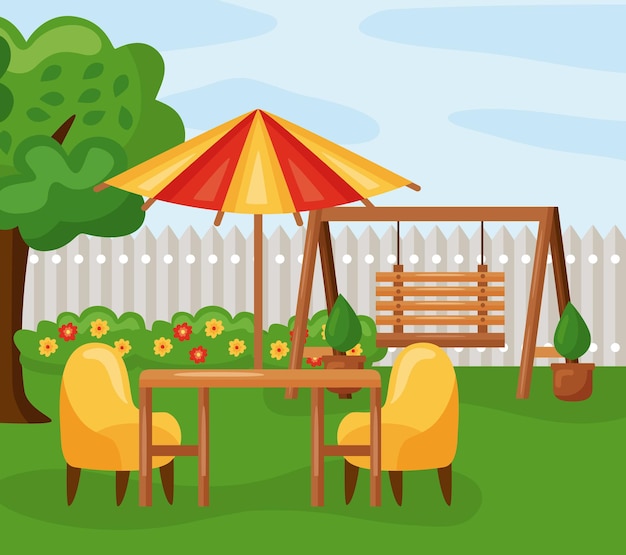 Vector table with umbrella chairs and swing on garden landscape