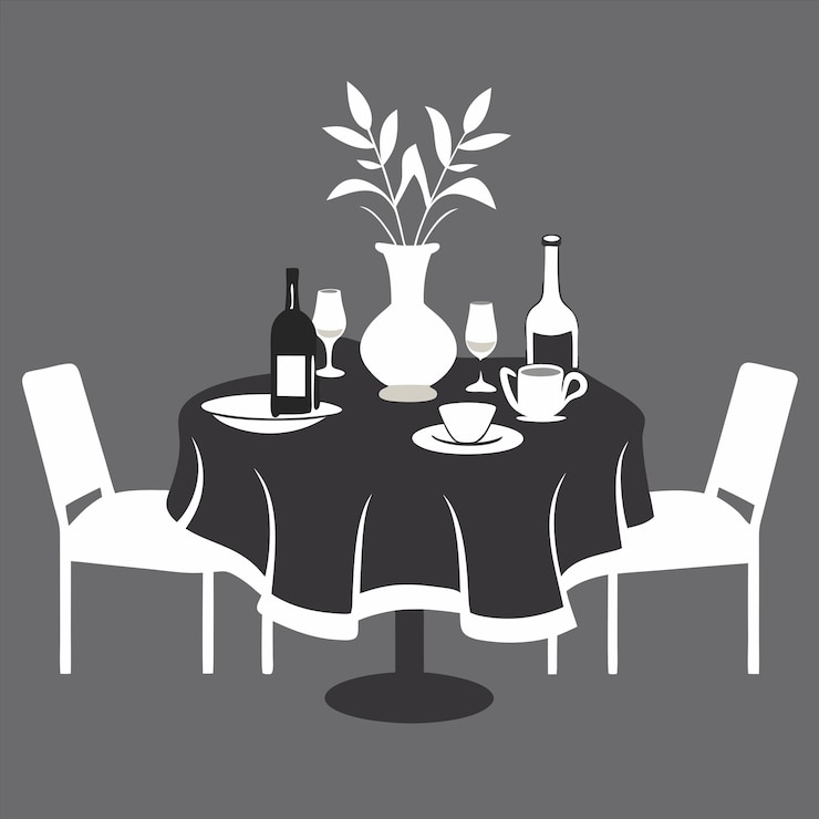 Vector a table with a vase and a bottle of wine on it