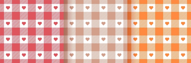 Tablecloth seamless patterns. Check vichy prints. Set of gingham backgrounds with hearts. Tartan textile grid