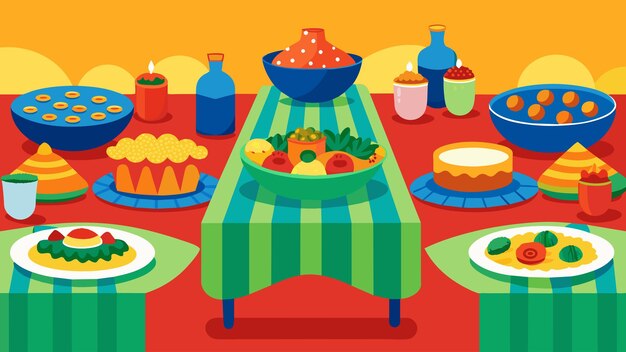 Vector tables adorned with colorful tablecloths and an array of dishes representing the diverse backgrounds