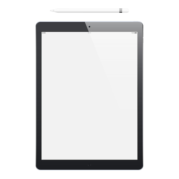 Tablet black matte color black touch screen and stylus isolated on white background.  of realistic and detailed device