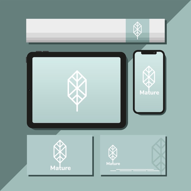 Tablet e pacchetto di elementi impostati mockup nel disegno blu dell'illustrazione